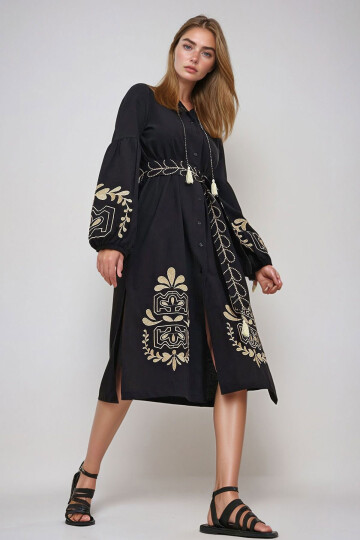 Siyah Hakim Yaka Kemerli Çift Yırtmaçlı Keten Elbise BCHESQ-251042