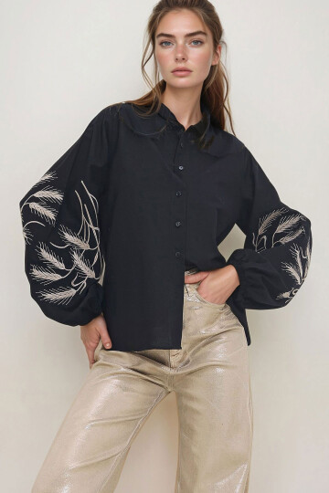 Siyah Kolları İşlemeli Poplin Dokuma Gömlek BCHESQ-251033