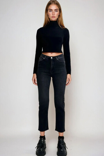 Siyah Paçası Püsküllü Slim Fit Jean Pantolon BCHNW-251178