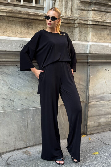 Siyah Rahat Kalıp Bisiklet Yaka Bluz Ve Salaş Pantolon Modal Kumaş Alt Üst Takım BCVL-25V233