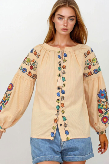 Somon Hakim Yaka Püskül Bağcıklı Nakışlı Armürlü Dokuma Gömlek BCHESQ-251146