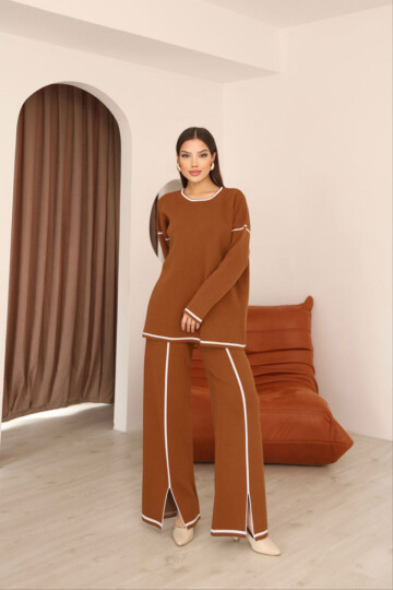 Tarçın Kahve Çizgi Desenli Triko Kazak Ve Yırtmaçlı Pantolon Triko Alt Üst Takım BCES-253008