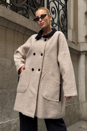 Taş Polo Yaka Çift Cepli Düğme Detaylı Buklet Ceket Kaban BCVL-25V602