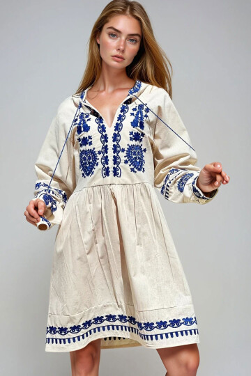 Taş V Yaka Nakışlı Ham Keten Elbise BCHESQ-251055