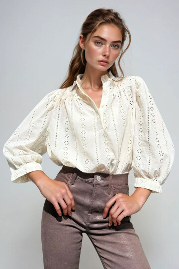 Vanilya Hakim Yaka Gizli Patlı Fisto Dokuma Bluz BCHESQ-251018