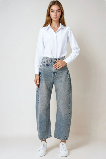 Yeşil Tintli Mavi 5 Cepli Dikiş Detaylı Bol Paça Jean BCHNW-251198