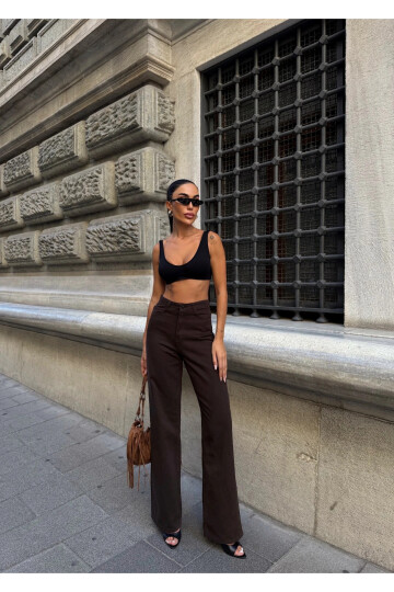 Yüksek Bel İspanyol Paça Denim Jean Acı Kahve Kot Pantolon