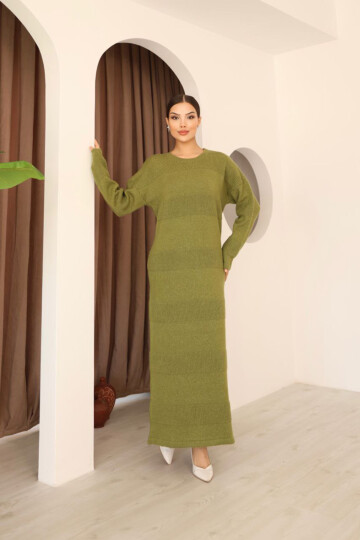 Zeytin Yeşili Uzun Kol Maxi Boy Triko Elbise BCES-253004