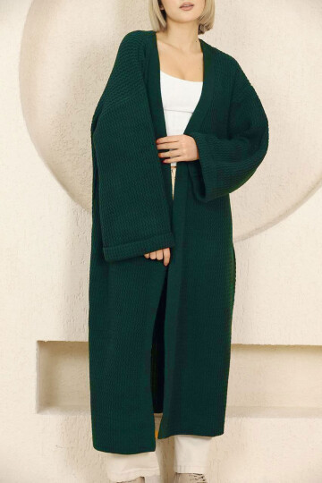 Zümrüt Yeşili Duble Kol Uzun Tesettür Triko Hırka BCES-253000