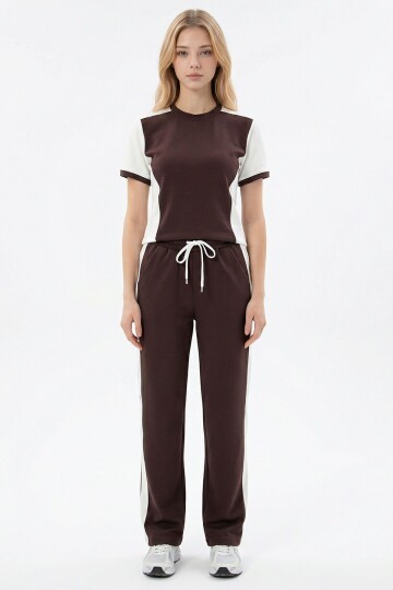 Acı Kahve Blok Detaylı Yumuşak Dokulu Modal Kumaş Alt Üst Takım