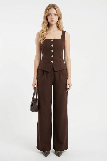 Acı Kahve Brit Detaylı Kare Yaka Crep Bluz Ve Pantolon Alt Üst Takım