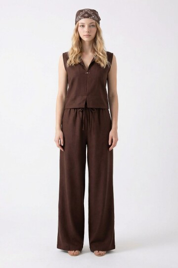 Acı Kahve Hakim Yaka Bluz Ve Beli Lastikli Dokuma Pantolon Alt Üst Takım