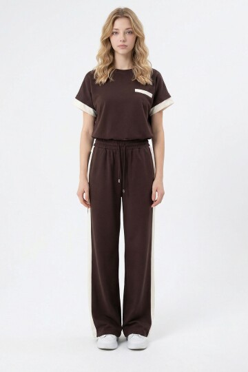 Acı Kahve Renk Bloklu Beli Lastikli Yumuşak Dokulu Kumaş Alt Üst Takım