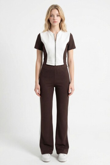 Acı Kahve Renk Bloklu Fermuarlı Yumuşak Dokulu Kumaş Eşofman Takımı