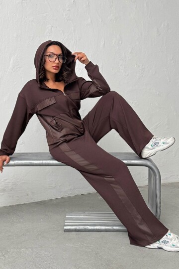 Acı Kahve Yumuşak Dokulu Garnili Kapüşonlu Sweatshirt Ve Pantolon Alt Üst Takım