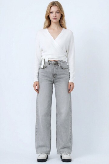 Açık Gri Yüksek Bel 5 Cepli Baggy Jean