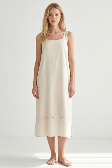 Alaçatı Keten Askılı Askısı Dantelli Elbise