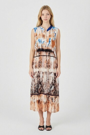 Bej Çentik Yaka Düğmeli Desenli Kolsuz Midi Elbise