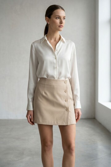 Bej Düğmeli Dokuma Kumaş Şortlu Etek BCVDO-251000