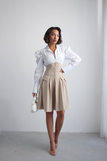 Bej Pileli Çizgili Dokuma Gömlek Elbise