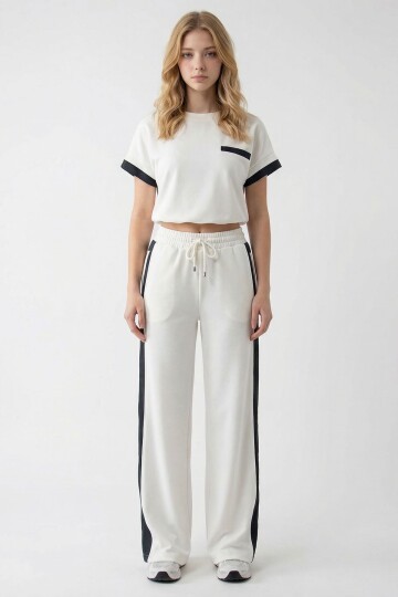 Beyaz Renk Bloklu Beli Lastikli Yumuşak Dokulu Kumaş Alt Üst Takım