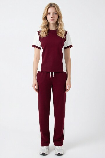 Bordo Blok Detaylı Yumuşak Dokulu Modal Kumaş Alt Üst Takım