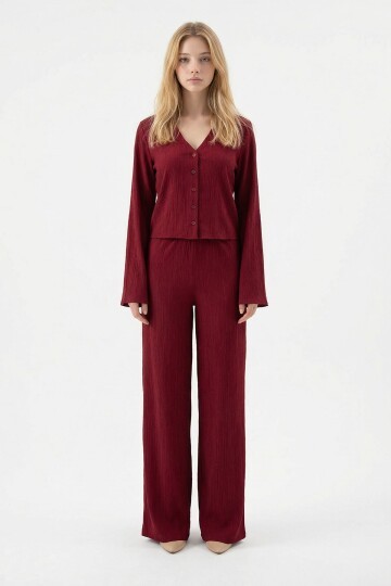 Bordo Geniş Kol Düğme Detaylı Yakalı Bluz Ve Palazzo Pantolon Alt Üst Takım