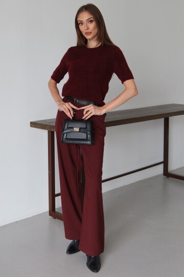 Bordo Kemerli Çift Cepli Palazzo Pantolon
