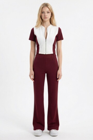 Bordo Renk Bloklu Fermuarlı Yumuşak Dokulu Kumaş Eşofman Takımı