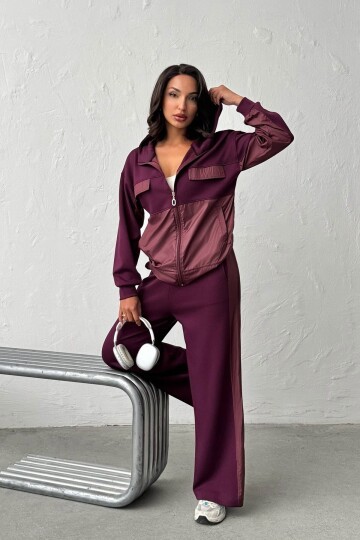 Bordo Yumuşak Dokulu Garnili Kapüşonlu Sweatshirt Ve Pantolon Alt Üst Takım BCHN-25261023