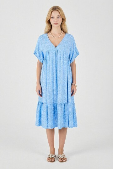 Buz Mavi V Yaka Oversize Kesim Desenli Çift Cepli Volanlı Elbise