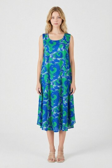 Cam Göbeği U Yaka Kolsuz Asimetrik Kesim Midi Boy Elbise