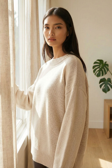 Ekru Bisiklet Yaka Oversize Triko Kazak BCHPK-251238