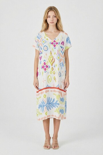 Ekru Desenli Desenli V Yaka Midi Boy Elbise