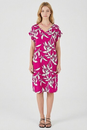 Fuşya Tropik Desenli V Yaka Oversize Midi Elbise