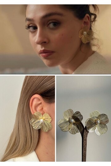 Gold Çiçek Lüx Inci Peri Küpe Tel Küpe Taşlı Kadın Küpe Gold Leyla Küpe