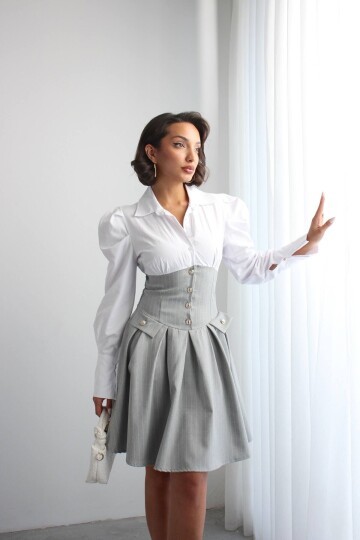 Gri Pileli Çizgili Dokuma Gömlek Elbise