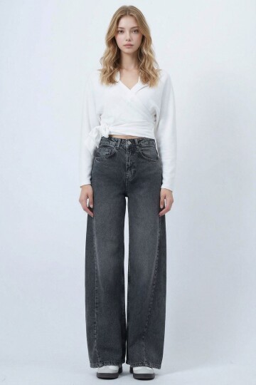 Gri Yüksek Bel 5 Cepli Baggy Jean