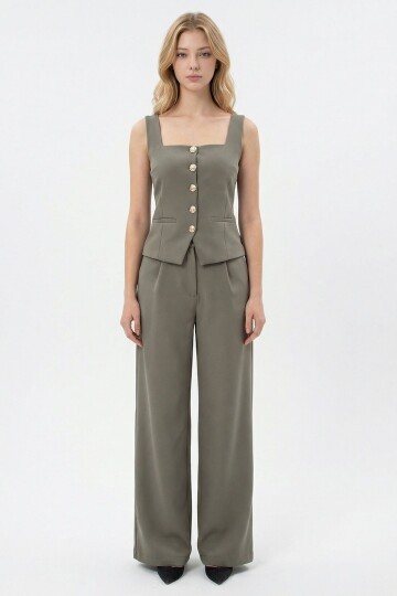 Haki Brit Detaylı Kare Yaka Crep Bluz Ve Pantolon Alt Üst Takım