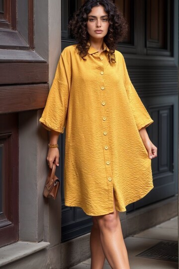 Hardal Keten Görünümlü Truvakar Kol Salaş Gömlek Elbise