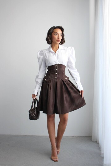 Kahve Pileli Çizgili Dokuma Gömlek Elbise