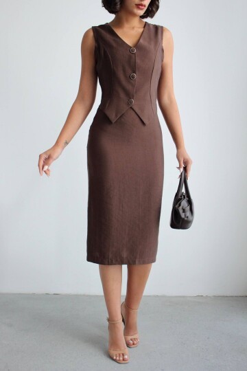 Kahve Tensel Kumaş Yelek Ve Elbise 2 Li Takım Model Elbise