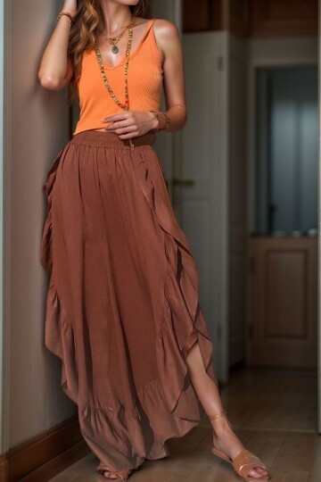 Kahve Yanı Fırfırlı Yırtmaçlı Beli Lastikli Belmando Salaş Şalvar Pantolon
