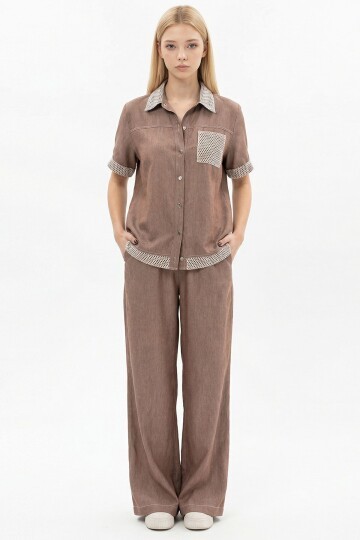 Kahverengi File Detaylı Tensel Kot Kumaş Gömlek Ve Pantolon Alt Üst Takım