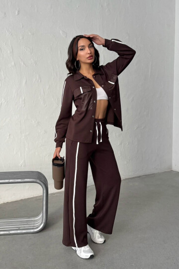 Kahverengi Yumuşak Dokulu Biyeli Palazzo Pantolon Ve Garnili Gömlek Alt Üst Takım BCHN-25261025