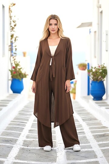 Alaçatı Keten Bağlamalı Kimono Takım
