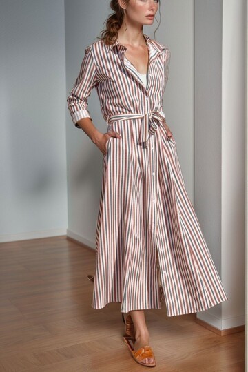 Kiremit Kendinden Kemerli Cepli Keten Kiloş Gömlek Elbise