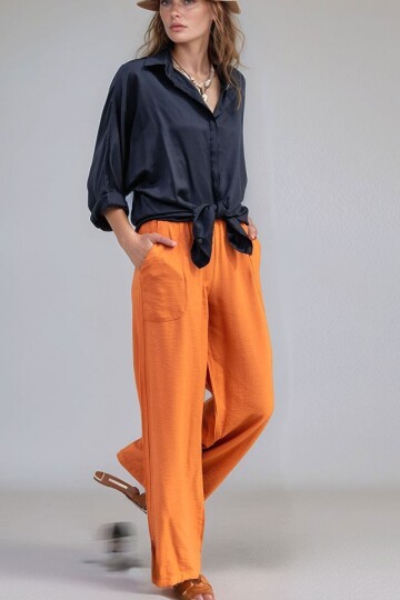 Kiremit Keten Beli Lastikli Salaş Pantolon