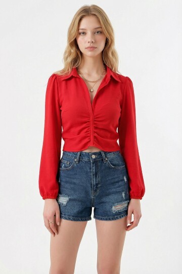 Kırmızı Polo Yaka Önü Drapeli Beli Gipeli Gizli Fermuarlı Aerobin Crop Bluz