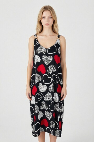 Kırmızı-Siyah Askılı Boncuk Detaylı Çift Cepli Desenli Salaş Elbise